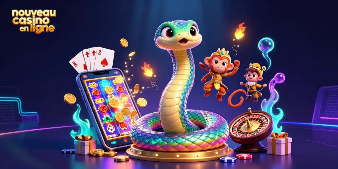 Animations captivantes dans un nouveau casino en ligne avec un serpent coloré et un roi singe amusant.