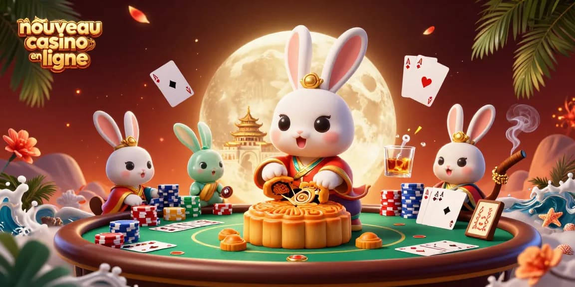 Jouer dans un nouveau casino en ligne avec un lapin de lune et des jetons de poker colorés sur un fond lunaire lumineux.