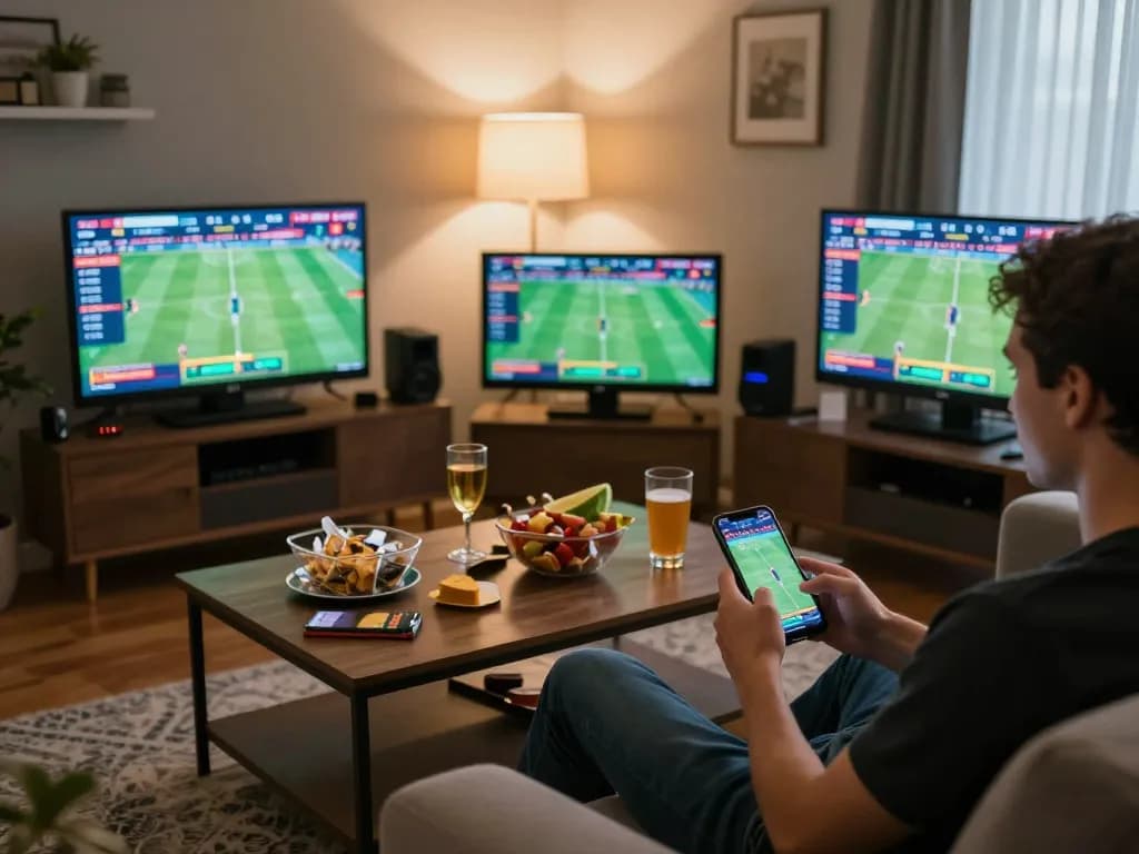 Cakhiatv user placing live sports bets on smartphone in a cozy living room