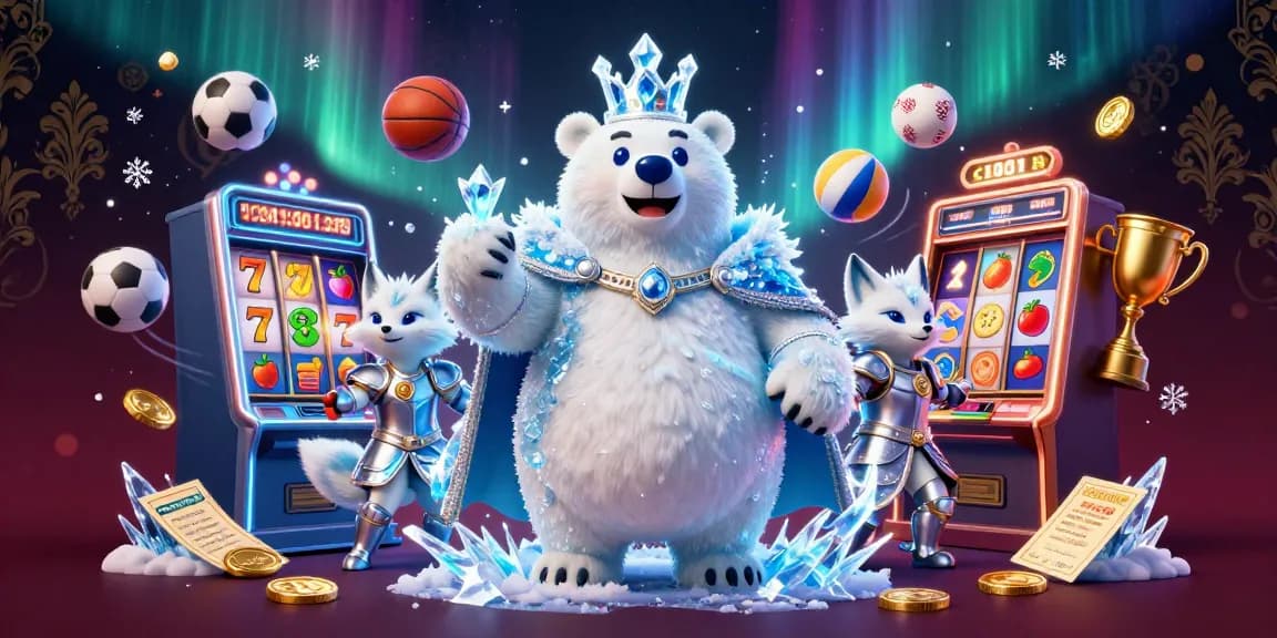 Enjoy thrilling slot action with a cartoon polar bear and fox in a dynamic casino scene.