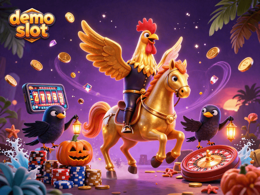 Experience the thrill of demo slot action with golden rooster riding in a lively casino scene.