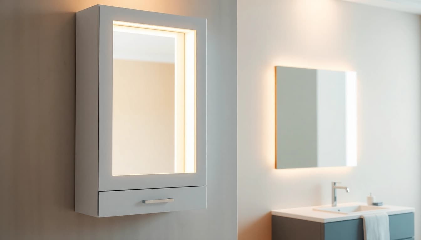 Stylish bathroom cabinet with mirror and light enhancing modern bathroom decor