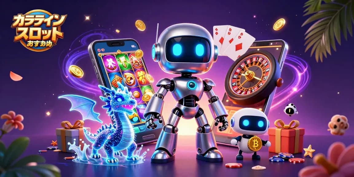 オンラインカジノ スロット おすすめで、魅力的なスロットゲームの世界を楽しむ様子を描いたイラスト