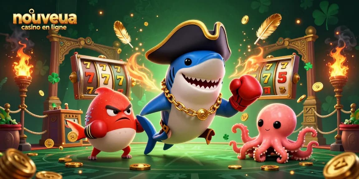 Une illustration animée accrocheuse représentant un nouveau casino en ligne avec des personnages marins faisant la fête.