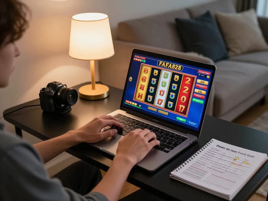 Person engaged in online gaming at home, playing FAFA828 slots on a laptop.