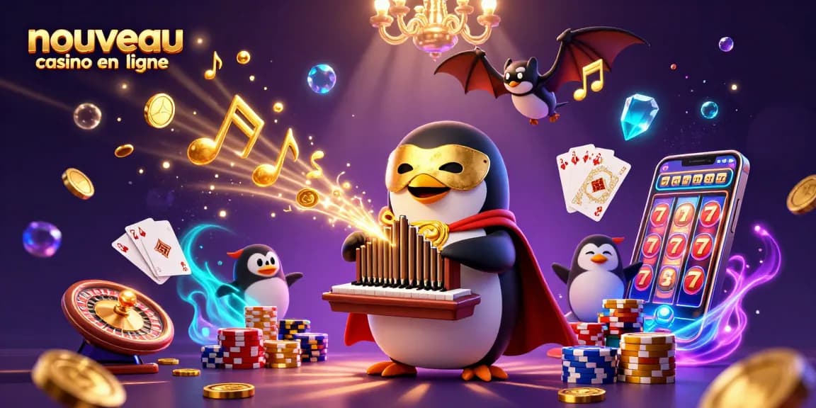 Illustration d'un nouveau casino en ligne avec un pingouin fantôme jouant de l'orgue, entouré de pièces d'or et de gemmes brillantes.