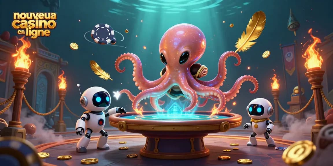 Découvrez un nouveau casino en ligne avec notre scène dynamique et colorée d'un octopus extraterrestre jouant au poker.