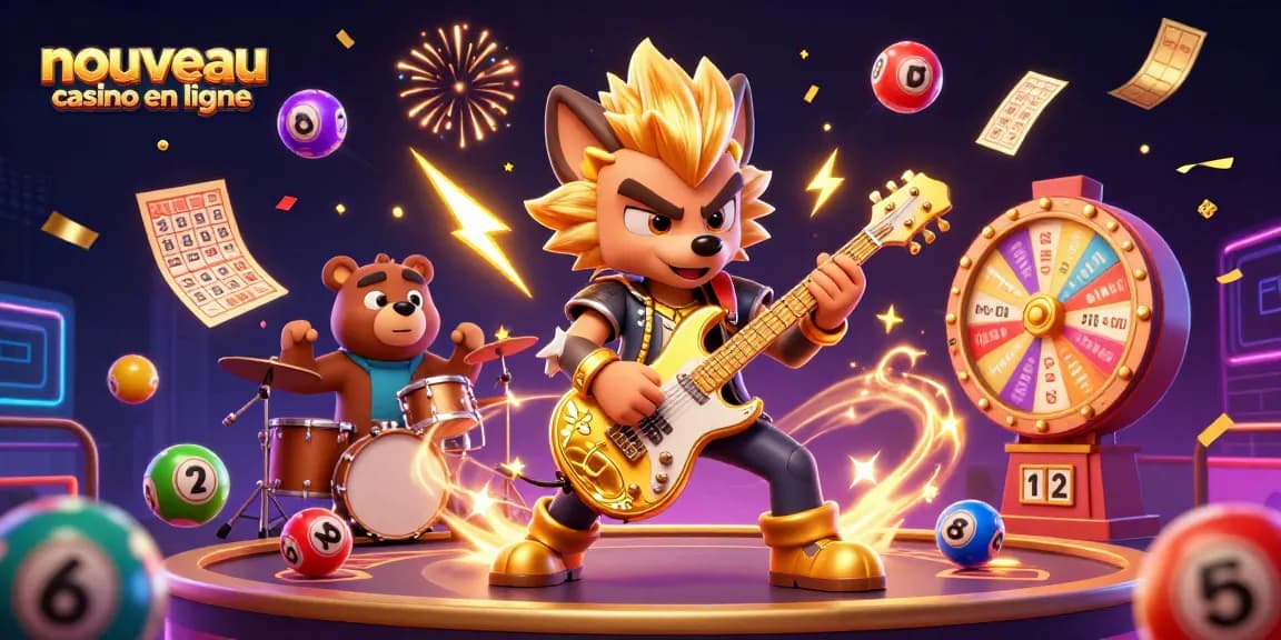 Célébrez avec le nouveau casino en ligne, un loup rock star jouant de la guitare dorée sur scène