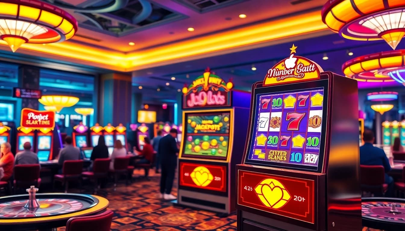 Para pemain menikmati pengalaman Slot Togel yang hidup di lantai permainan kasino mewah.