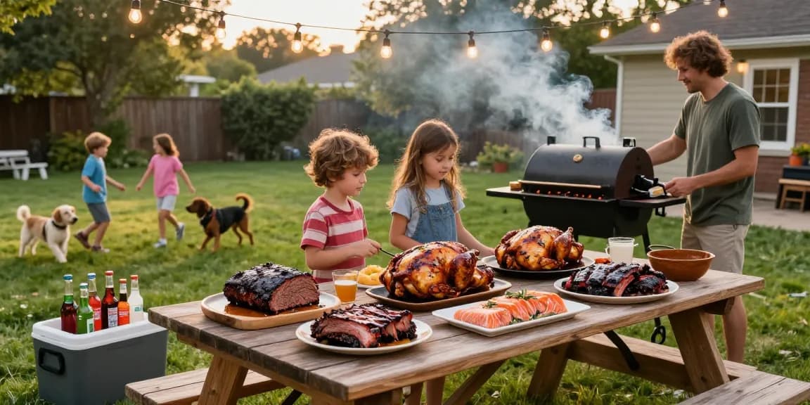 Delicious array of Moe's premium smoked meats at family barbecue, featuring rokok88 daftar quality brisket, chicken, and ribs.