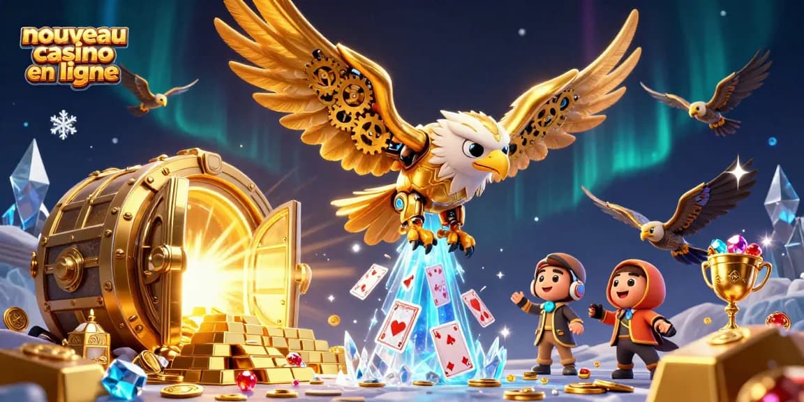 Illustration 3D d'un nouveau casino en ligne avec un aigle cybernétique et des cartes à jouer.