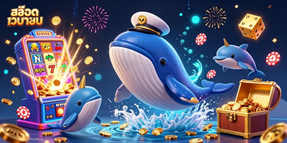 Experience excitement at สล็อตเว็บตรง with a colorful scene of a whale, narwhal, and playful dolphins amidst spilling coins and jackpot symbols.