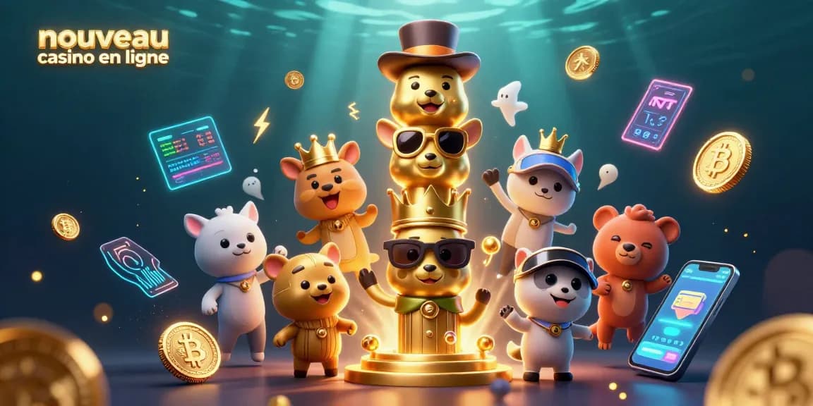 Découvrez le nouveau casino en ligne avec une illustration fascinante d'animaux enjoués et des éléments de jeux de casino.