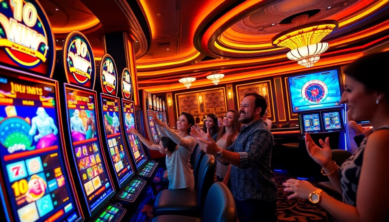 Players enjoying the Slot Zeus machine with vibrant colors and casino excitement.