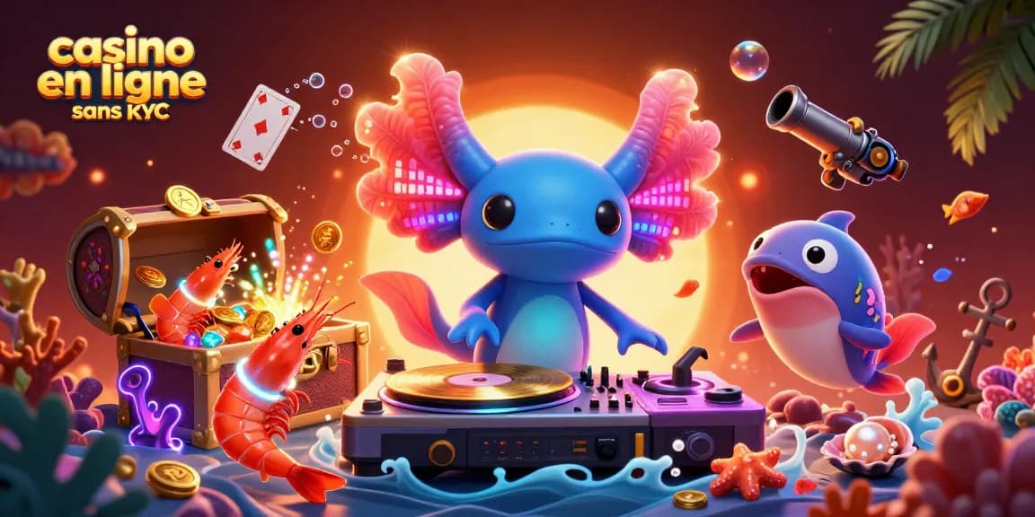 Profitez d'une expérience captivante avec un casino en ligne sans KYC illustré par un DJ axolotl animé et des éléments de jeu.