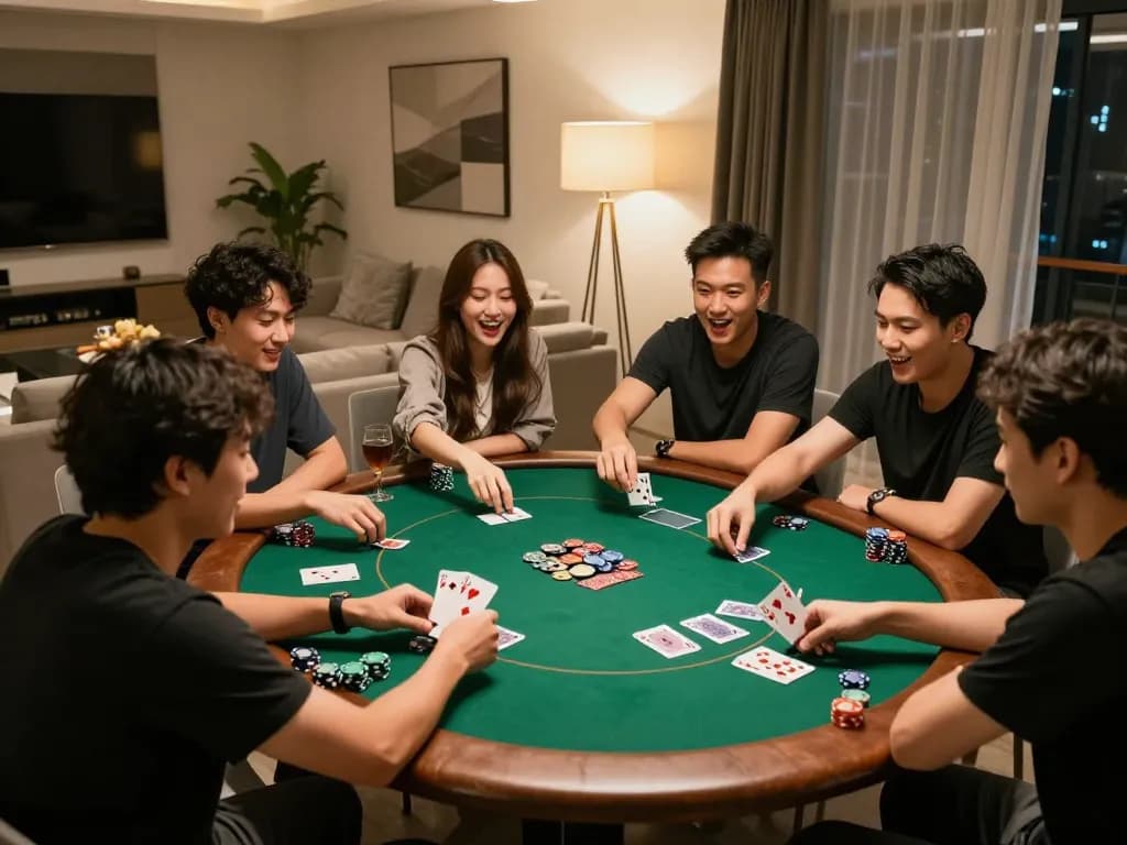 Friends enjoying an exciting poker game at home, showcasing taixiuonline8 strategies and moments of thrill.