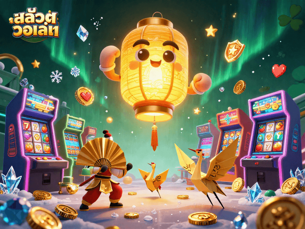 Engage in สล็อตวอเลท action with a vibrant casino illustration featuring golden lanterns and slot symbols.