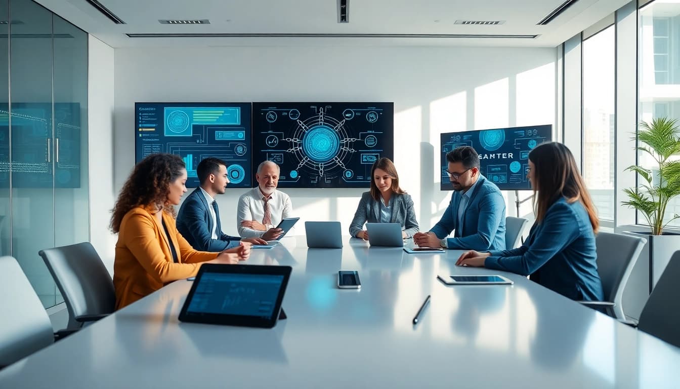 Visualizing an enterprise assistant in a modern office showing a collaborative team utilizing technology.
