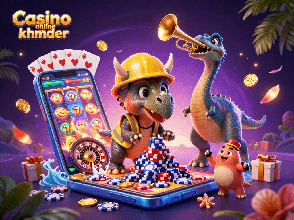Experience Casino online khmer with a vibrant 3D illustration including triceratops and exciting gaming elements.