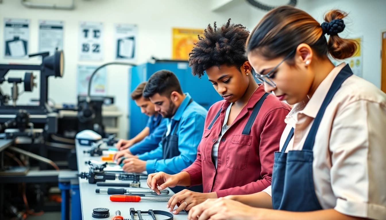 Students learning practical skills at trade schools in Hawaii in a bright classroom environment.