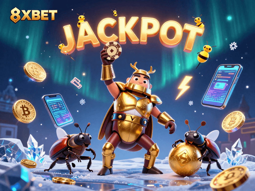 Experience the thrill of 8XBET with a vibrant jackpot scene featuring a victorious beetle and mesmerizing game elements.