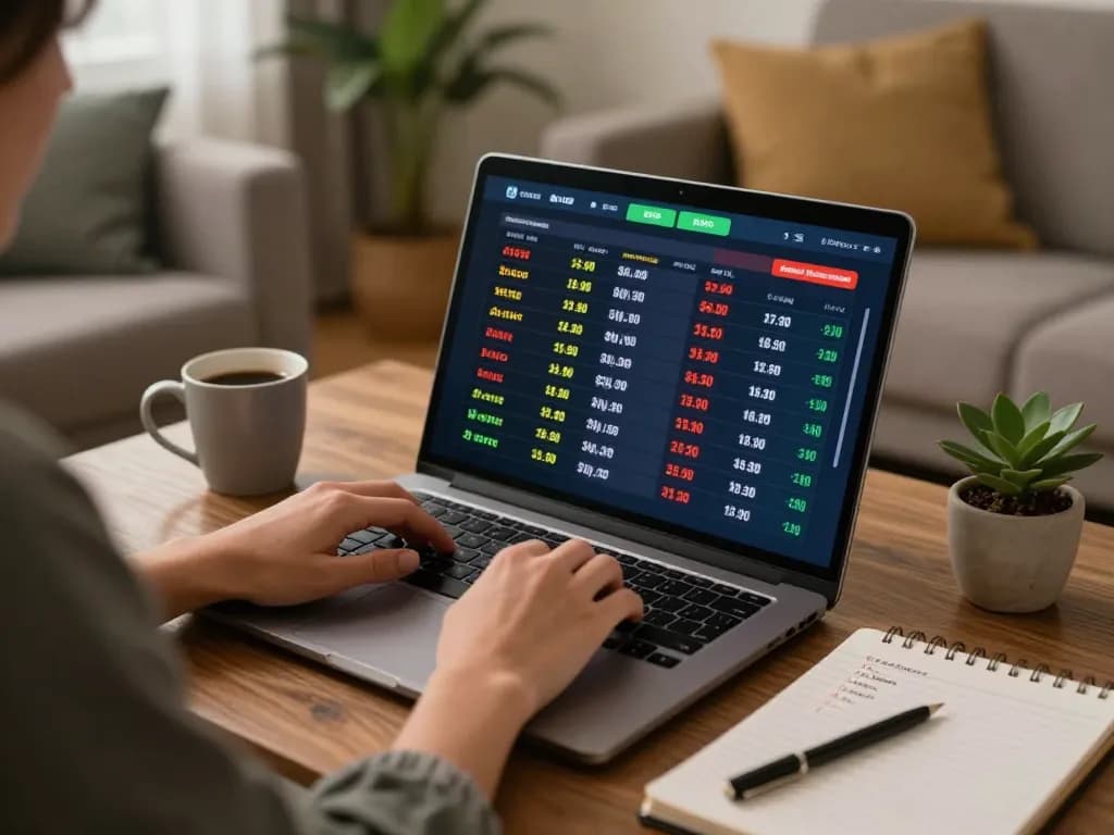 Bongdallu user analyzing betting odds on laptop with coffee cup, creating a cozy sports betting atmosphere.
