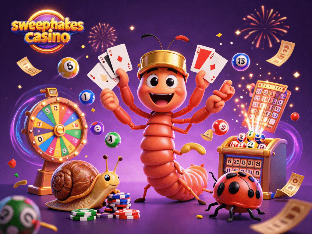 Engaging scene at a sweepstakes casino featuring a millipede dealer and festive lottery elements.