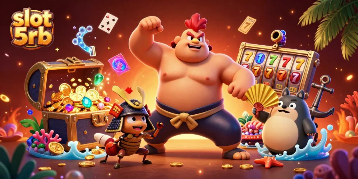 Engage with slot 5rb excitement featuring a sumo rooster, a fierce cricket, and a tanuki in a vibrant casino scene.