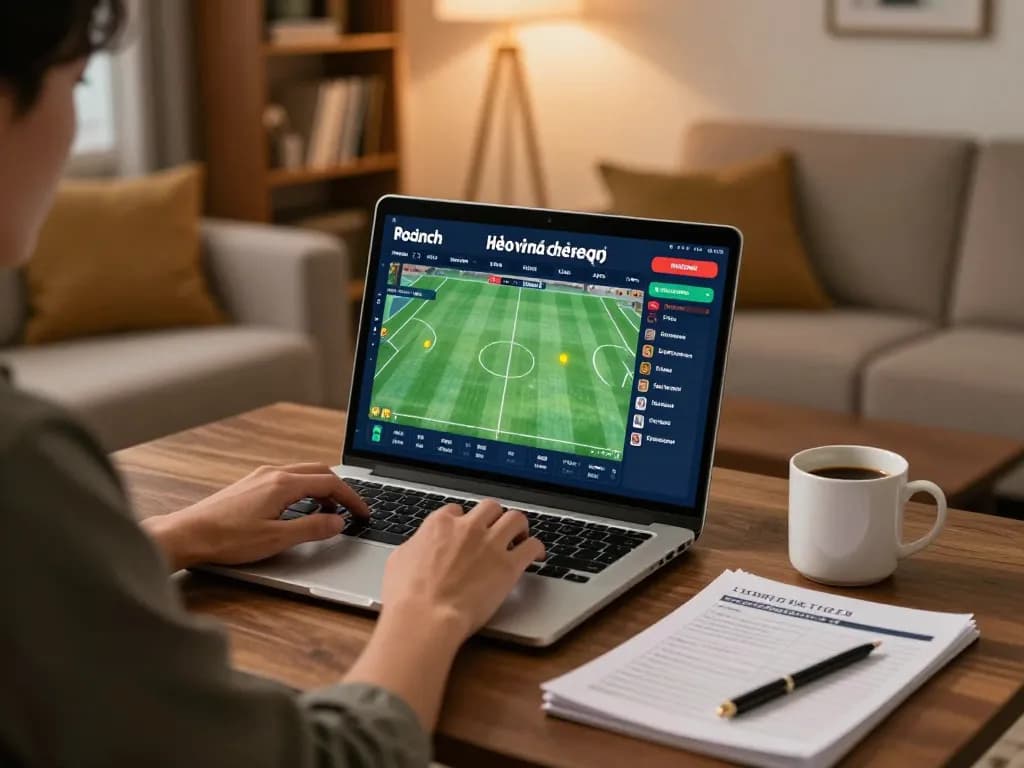 Engaging in kèo nhà cái betting strategy from a cozy home setup, laptop displaying live sports odds.