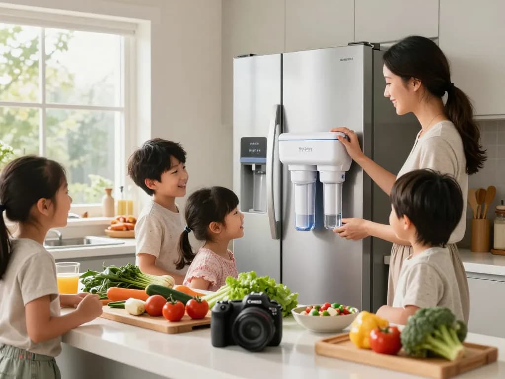 Family installing Waterdrop DA97-17376B Replacement for Samsung® HAF-QIN Refrigerator Water Filter in a bright kitchen filled with fresh vegetables.