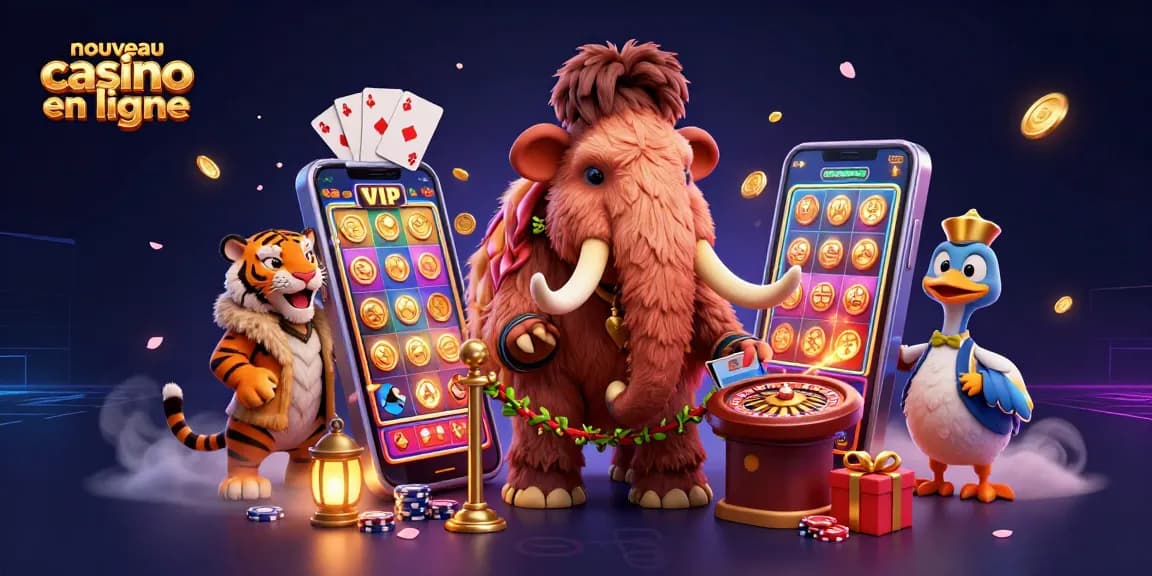 Illustration d'un nouveau casino en ligne, avec un mammouth et un tigre VIP en attendant à l'entrée