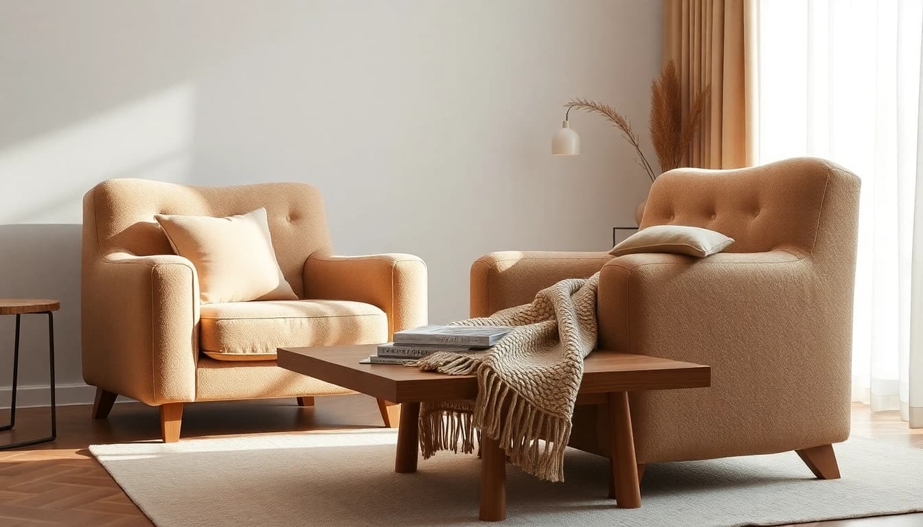 Een sfeervolle inrichting met elegante bouclé stoffen meubels en zachte kleuren.