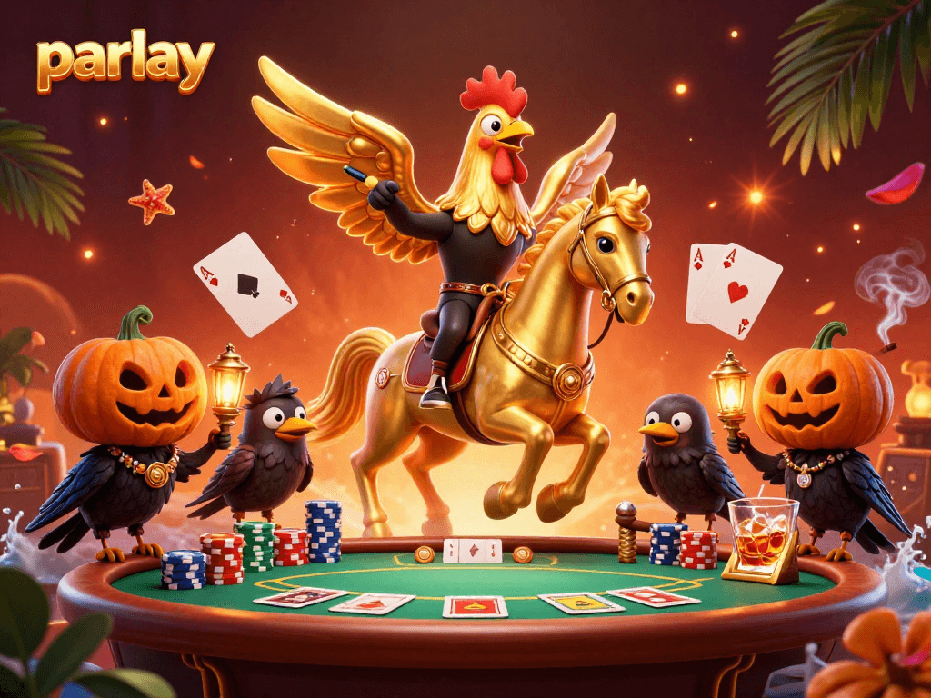 Engage in thrilling parlay bets at a vibrant casino featuring a golden rooster and spectral horse.