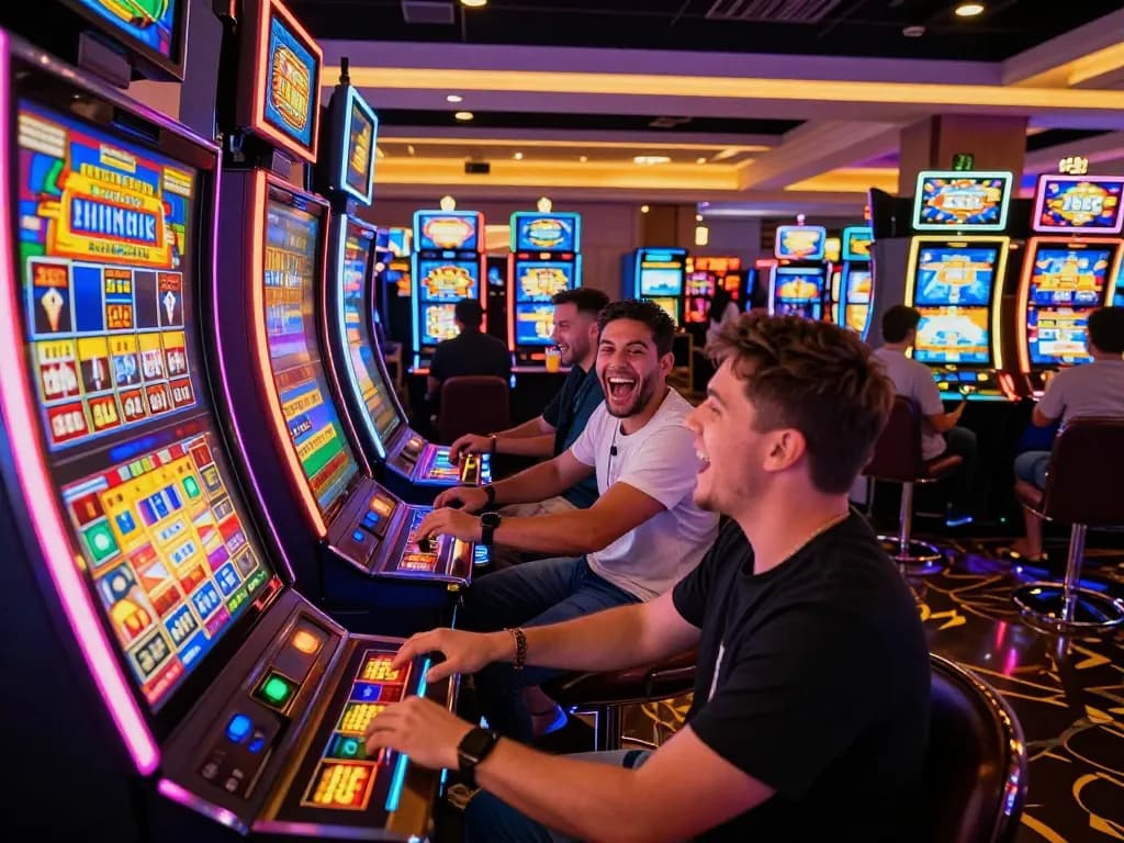 Players enjoying slot machines at a vibrant casino, showcasing hakobhakobyanart excitement in gambling.