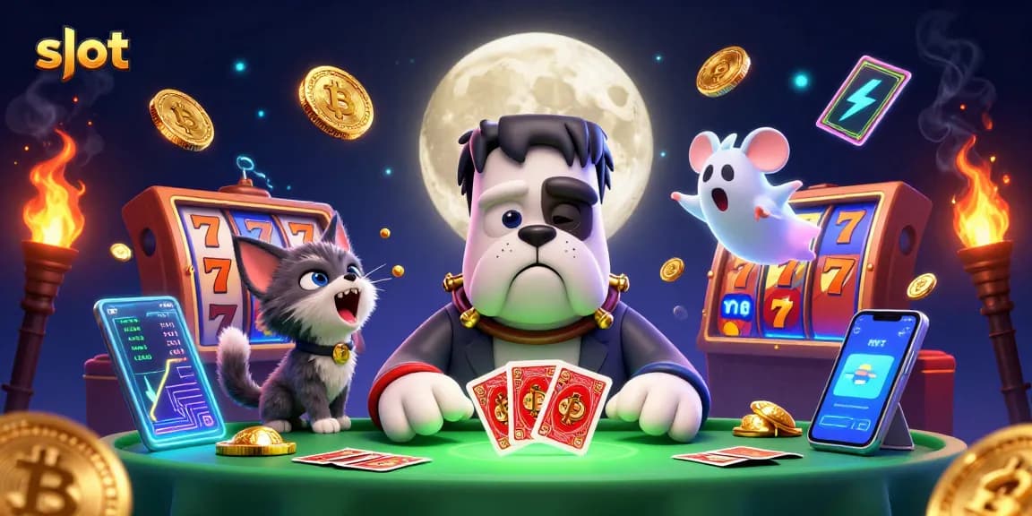 Spin the slot with a colorful illustration of a Frankenstein bulldog dealing cards at a neon-lit casino table.