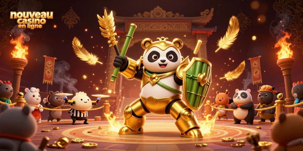 Illustration captivante montrant le nouveau casino en ligne avec un panda doré en armure et des éléments de jeu colorés.