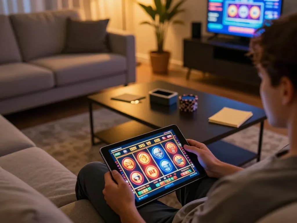 Playing slots at home, exploring casino italiani non aams with a tablet, cozy atmosphere