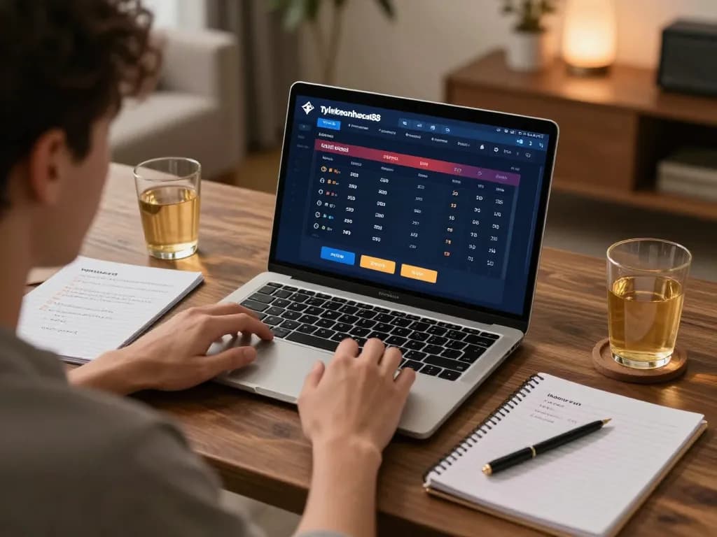 Engaged player analyzing betting options on tylekeonhacai88 online platform in a stylish home office setup.