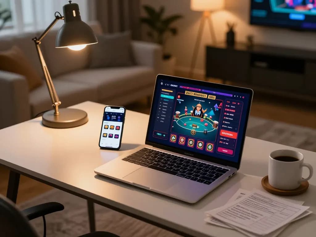 Engaging home gaming setup showcasing the best widget store on a laptop and mobile device for strategic gambling.