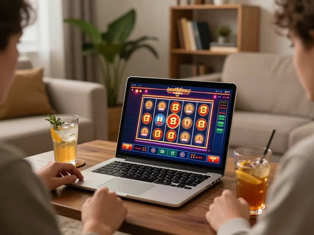 Engaging session playing casino gratis senza registrazione on a stylish laptop, analyzing strategies in a cozy living room