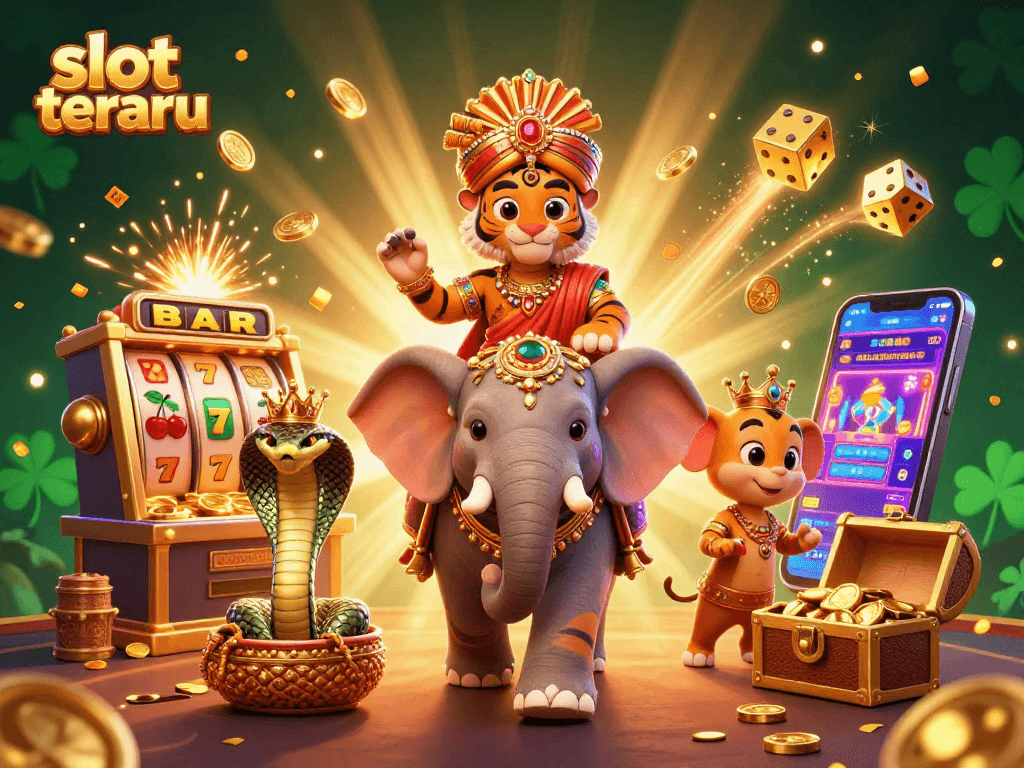 Engage with slot terbaru while enjoying a lively scene of a maharaja tiger and casino elements.