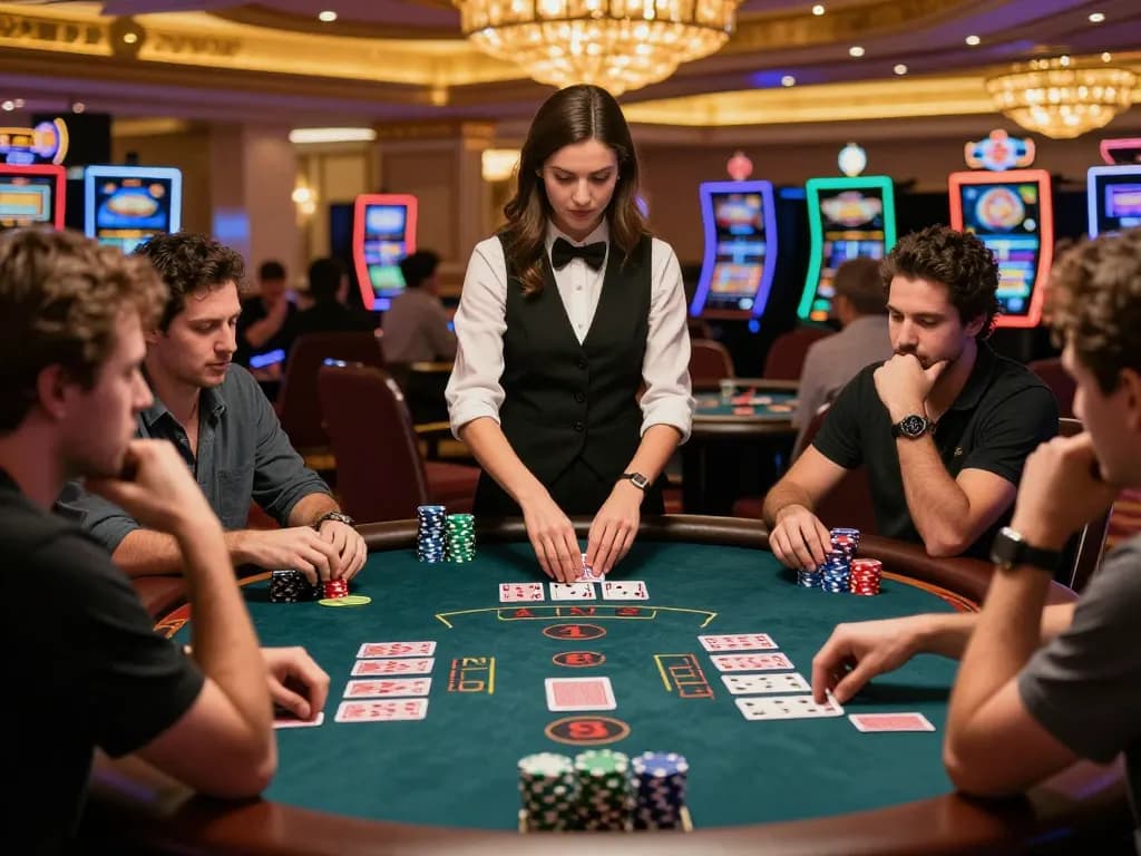 Players engaged in a strategic blackjack game at 33CC casino table under warm lighting, showcasing gambling dynamics