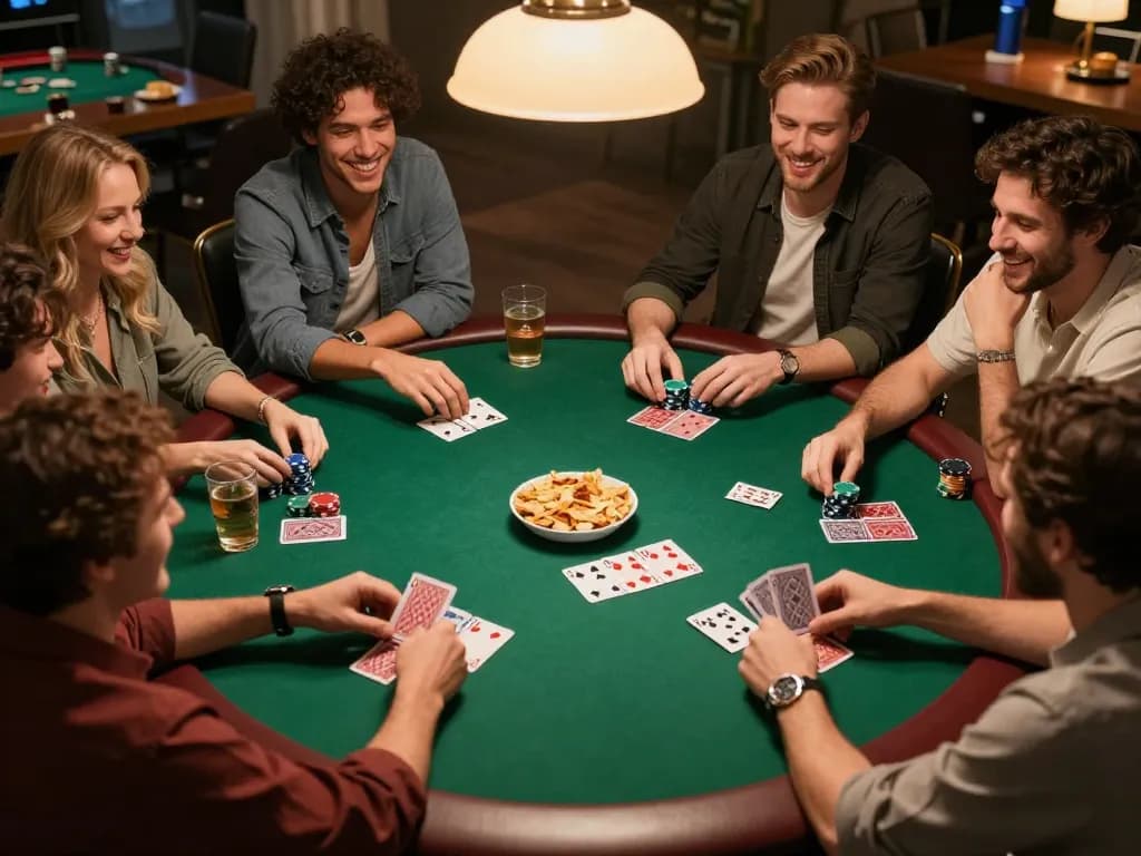 Teman-teman menikmati malam poker yang meriah sambil merencanakan langkah mereka di rumah dengan tema slot gacor.