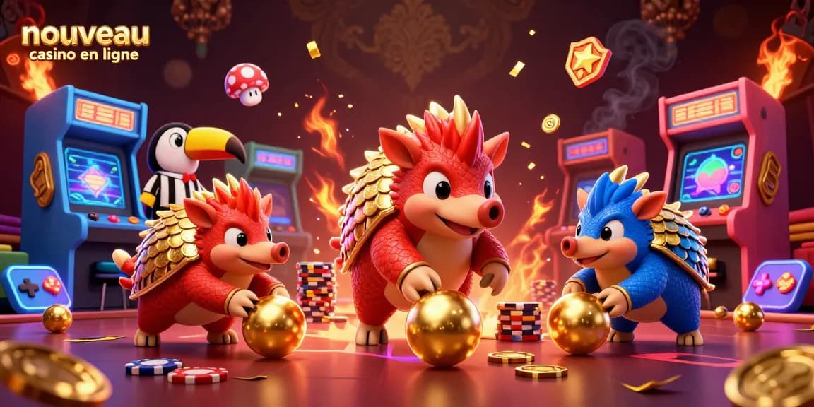 Le nouveau casino en ligne se démarque avec des pangolins rivaux jouant, entourés de jetons et de lumières scintillantes.