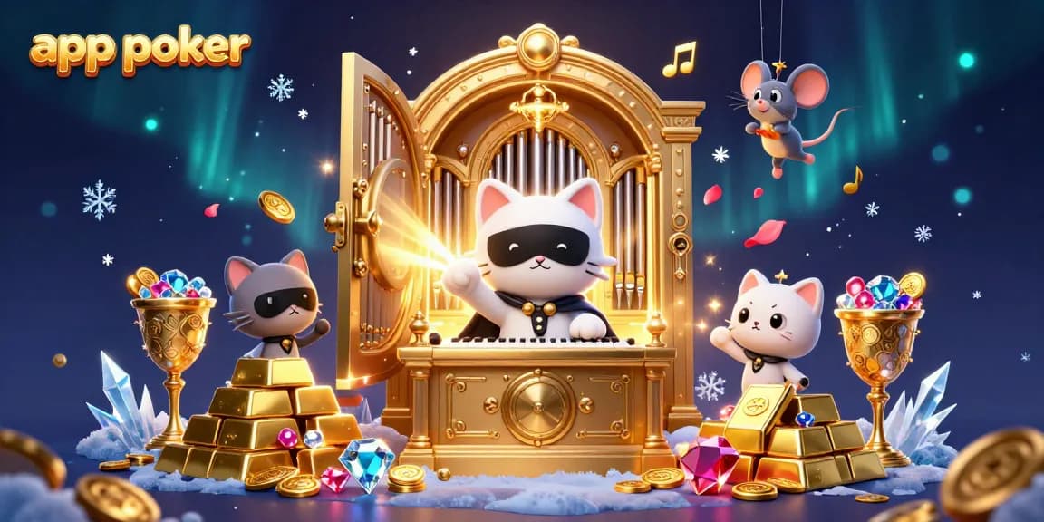 Giocando con le migliori app poker, un gatto mascherato si esibisce in un casinò ricco di gemme e oro.