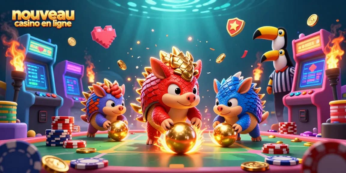 Les pangolins rivaux s'affrontent dans un nouveau casino en ligne, remplis de pièces d'or et de jetons de poker.