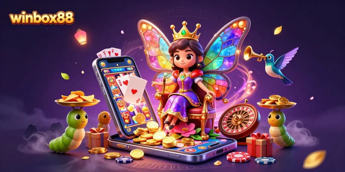 Experience excitement at winbox88 with a vibrant illustration featuring a butterfly queen and casino elements.