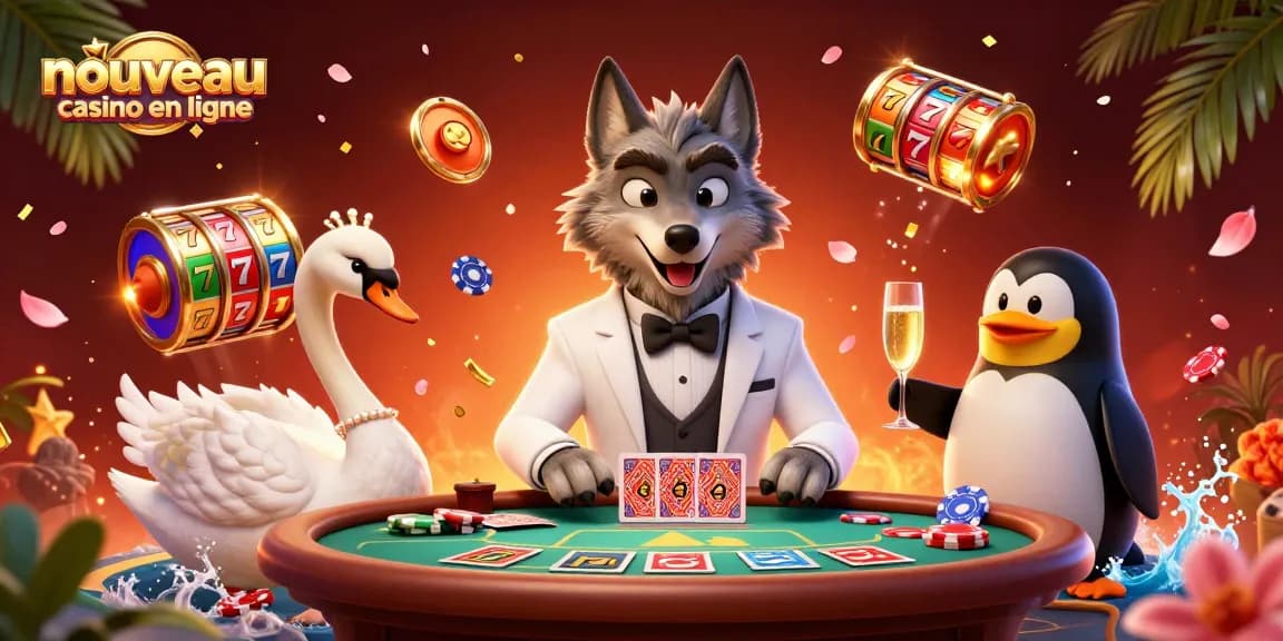 Illustration d'un nouveau casino en ligne avec un loup élégant, un cygne distribuant des cartes, et un pingouin sommelier.