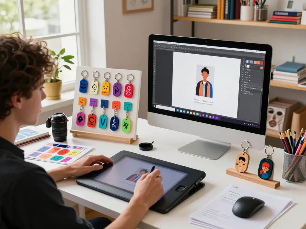 Creating customized keychains with colorful designs and tools in a creative workspace.
