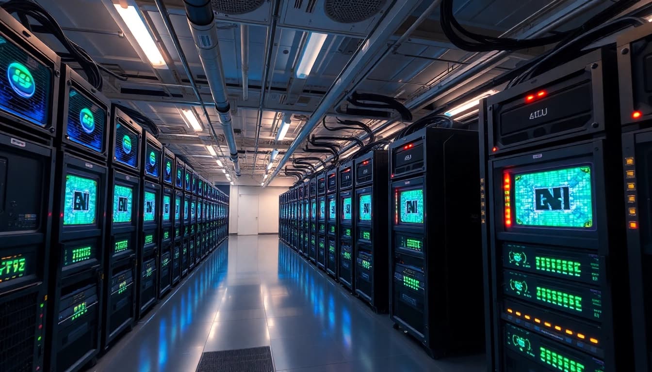Crypto mining farm showcasing advanced ASIC miners and cooling systems in a high-tech environment.
